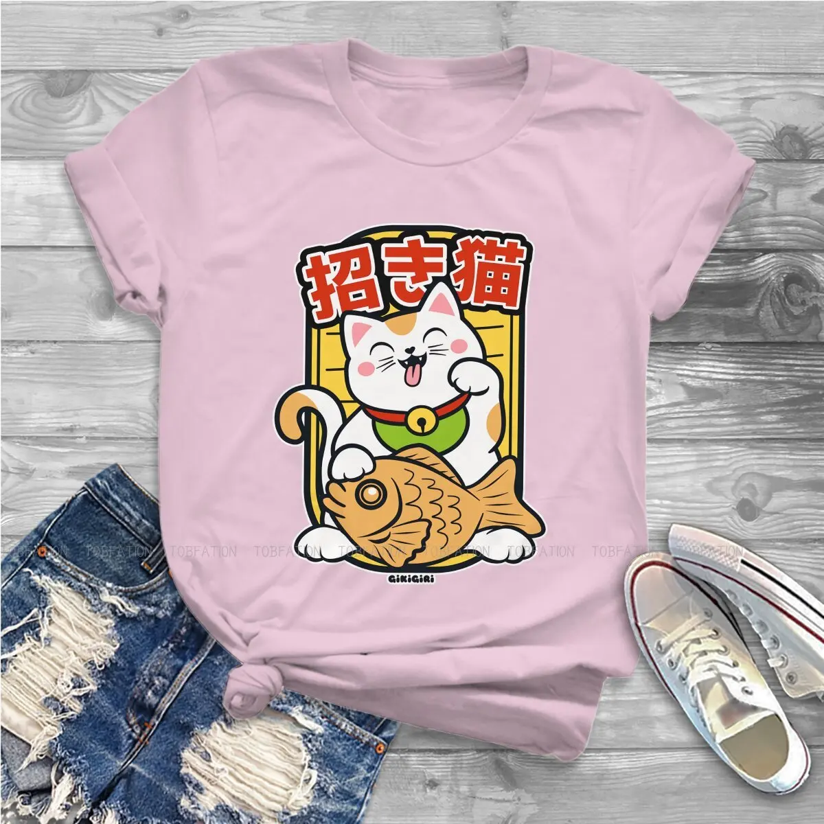 Lucky Cat Women T Shirt Maneki Neko Taiyaki with Fish Classic Female Tops Harajuku Funny Tees Ladies 5XL Cotton Tshirt