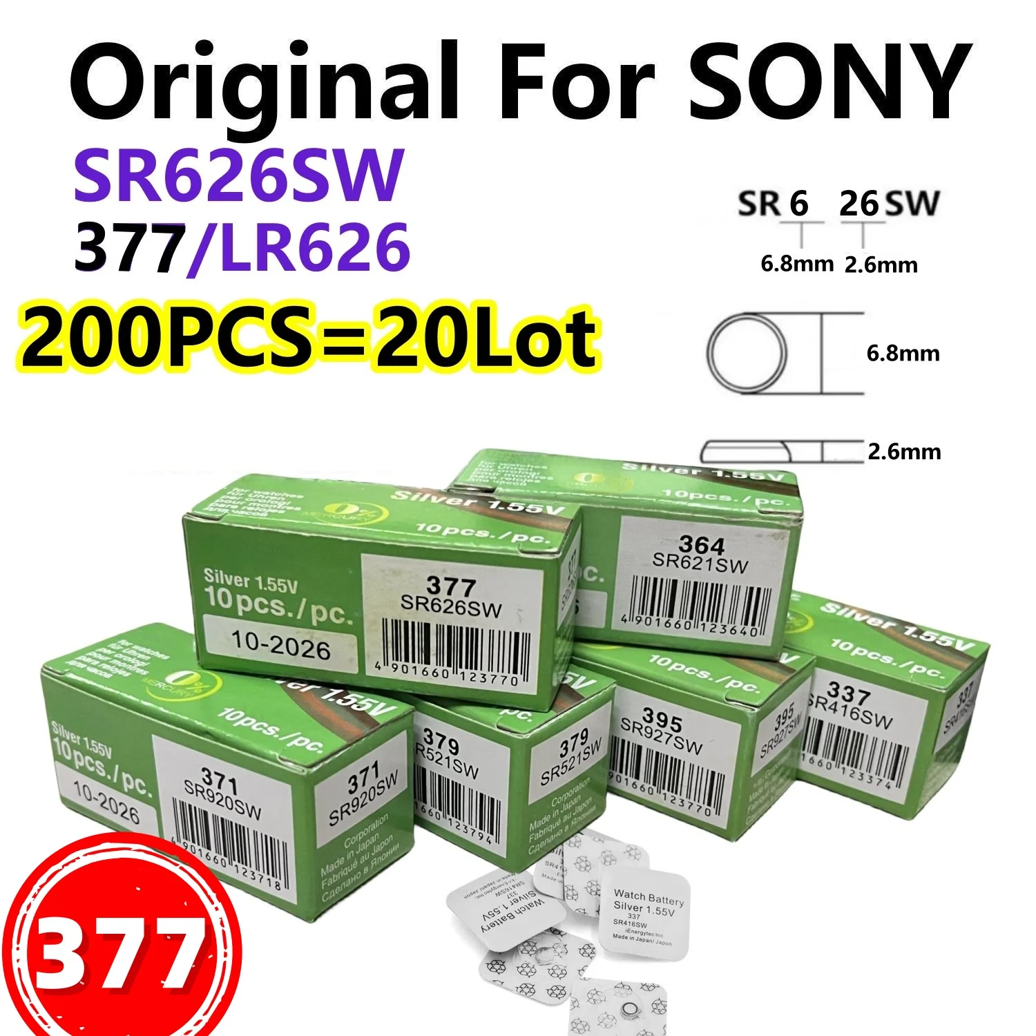 200pcs For SONY SR626SW LR626 AG4 1.55V Batteries LR66 377 377A Alkaline Battery Watch Toys Car Remote Coin Cell Original