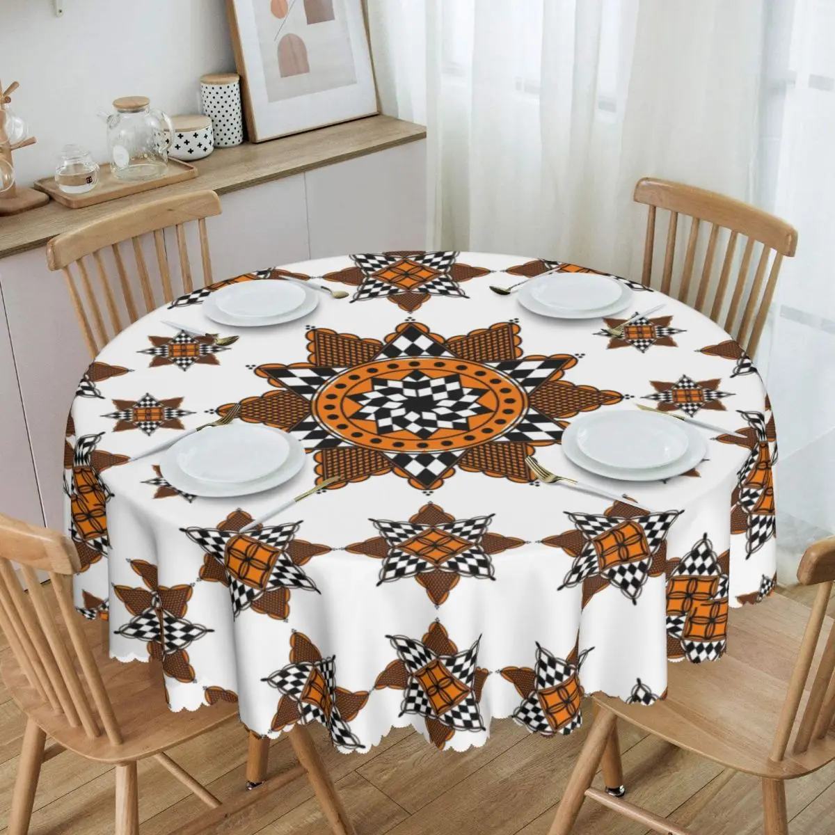 Custom Kabyle Carpet Pottery Pattern Tablecloth  Oilproof Geometric Amazigh  Table Cover Cloth for Dining Room 60 inches