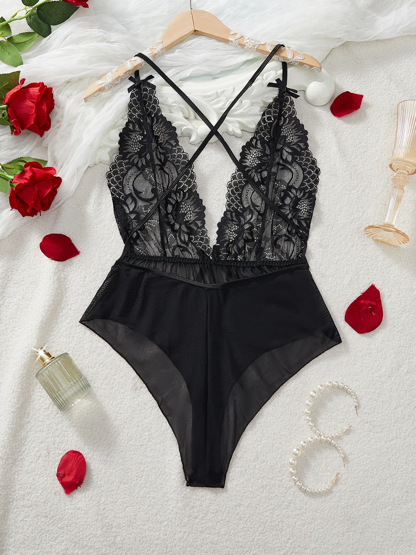 Lingerie sexy sans entrejambe pour femmes, sous-vêtements en dentelle, robe nuisette, soutien-gorge ouvert, corset rouge, costume de batterie de même, 7.0