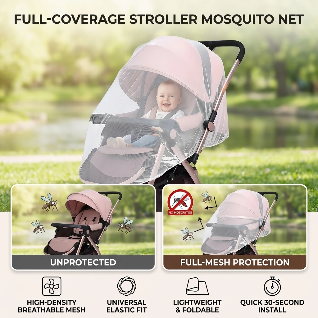 High Density Mesh Stroller Mosquito Net Full Coverage Baby Pushchair Anti Bug Canopy Breathable Universal Fit for Travel