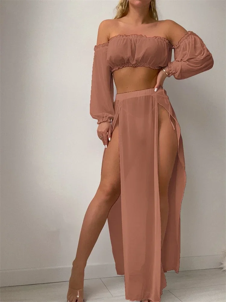Swimwear Women 2025 New Solid Long Sleeves Ruffle Bandeau Swimsuit Long Skirt Mesh Smock 2 Piece Beach Wear Bathing Suit Female