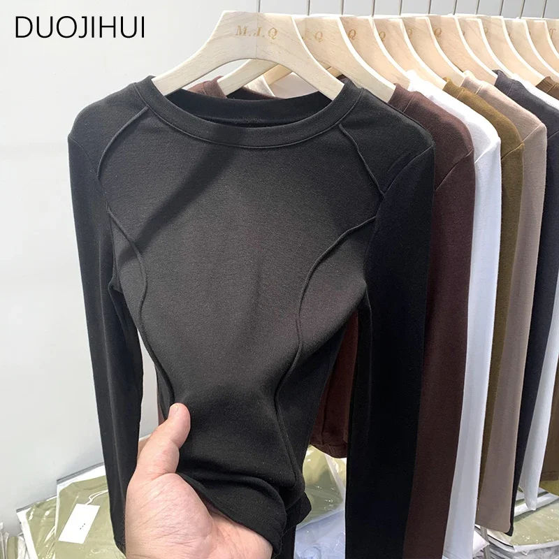 DUOJIHUI Winter Basic O-neck Long Sleeve Female T-shirts New Simple Casual Office Ladies Sweet Fashion Pure Color Women T-shirts