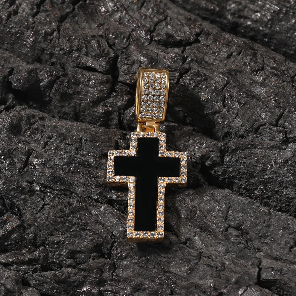 Stainless Steel Black Cross Iced Out Bling Pendant Necklace Mirco Pave Prong Setting Men Women Fashion Hip Hop Jewelry BP100