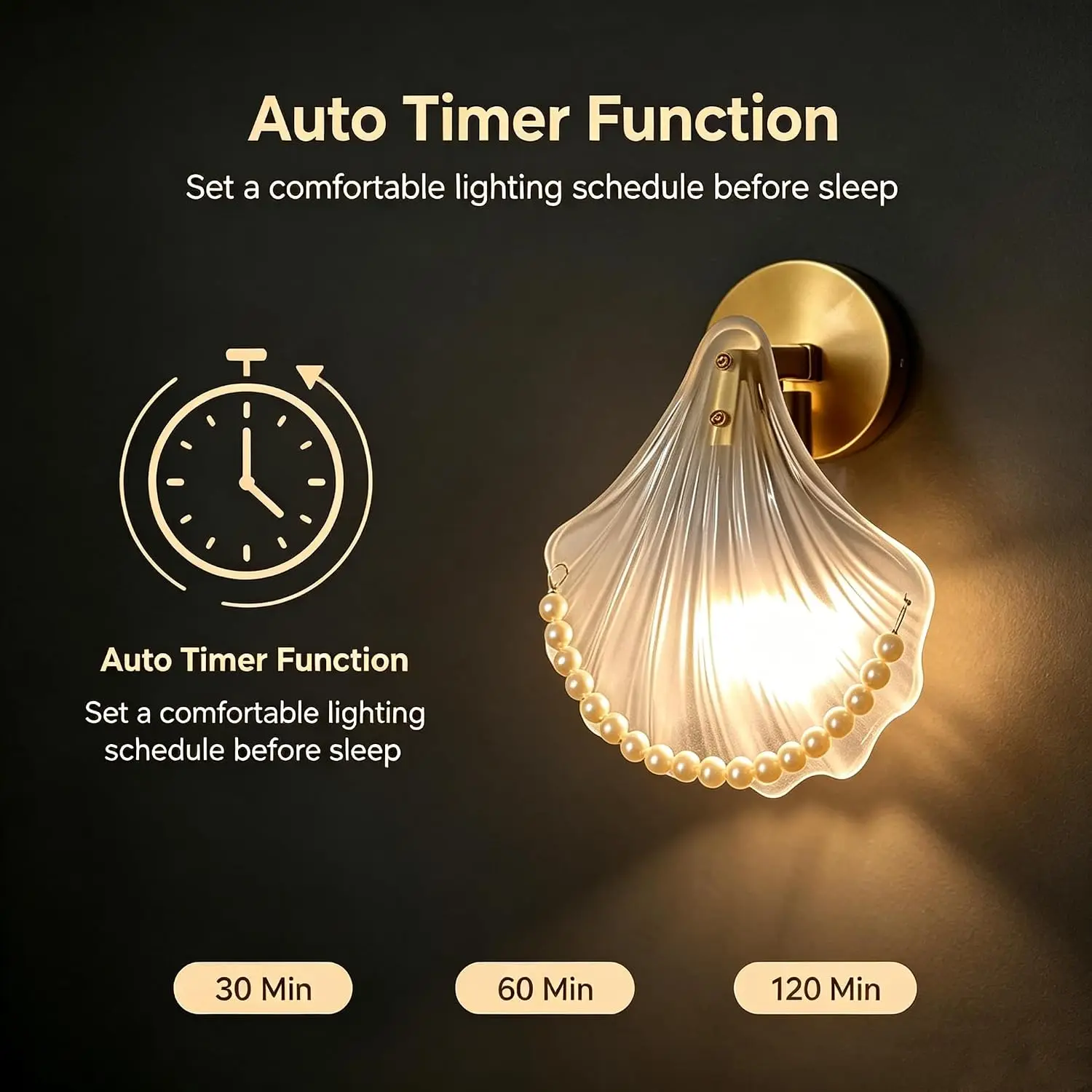 Shell Glass Wall Sconce Lamp with Pearl Chain, Battery Operated Wall Light Auto‑Timer 30/60/120Min, No‑Hardwired Wall Lamp Bedroom Living Room Decor Night Light