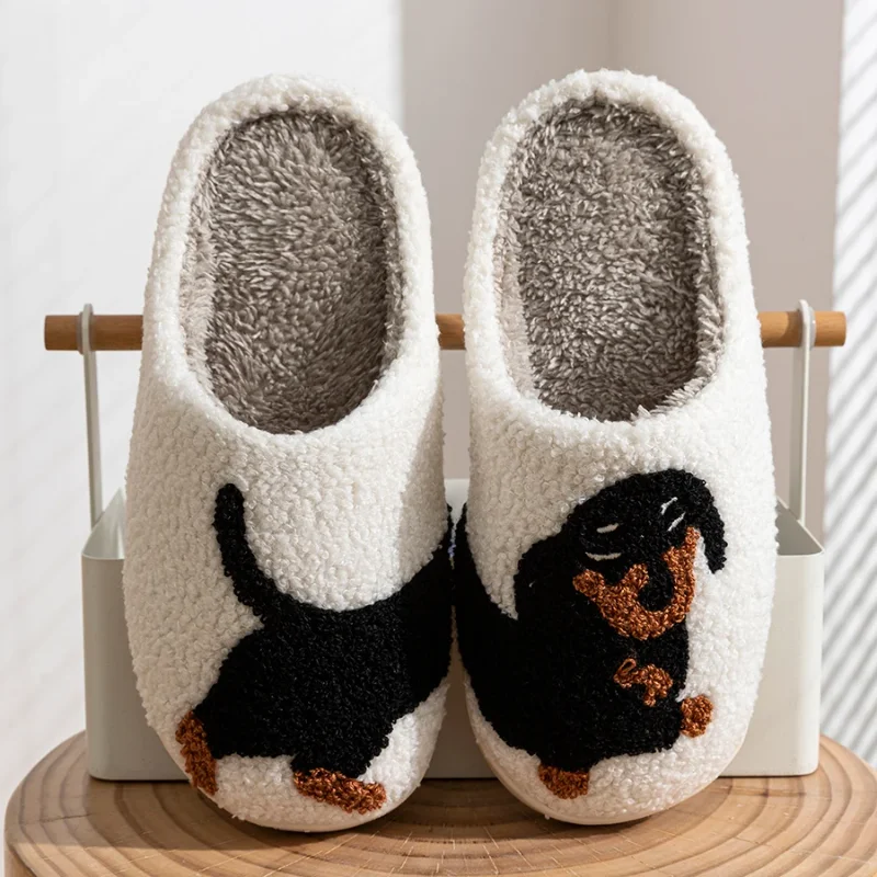 Winter Women's Slippers Cute and Interesting Cartoon Little Black Dog Indoor Warm Comfort Home Bedroom Soft Causal Plush Shoes view 4