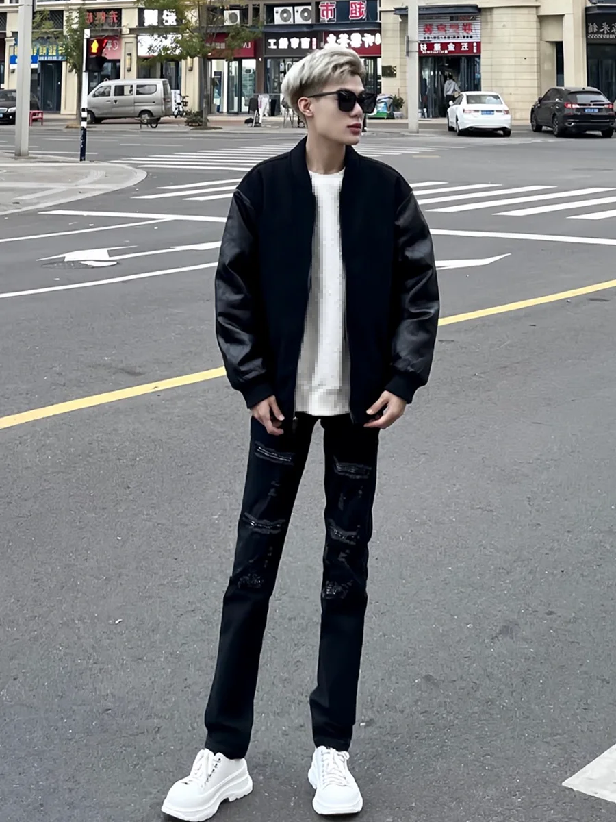 

Мужские джинсы в стиле ретро, американские, черные, с дырками и нашивками, прямые, зауженные, повседневные, для уличной моды