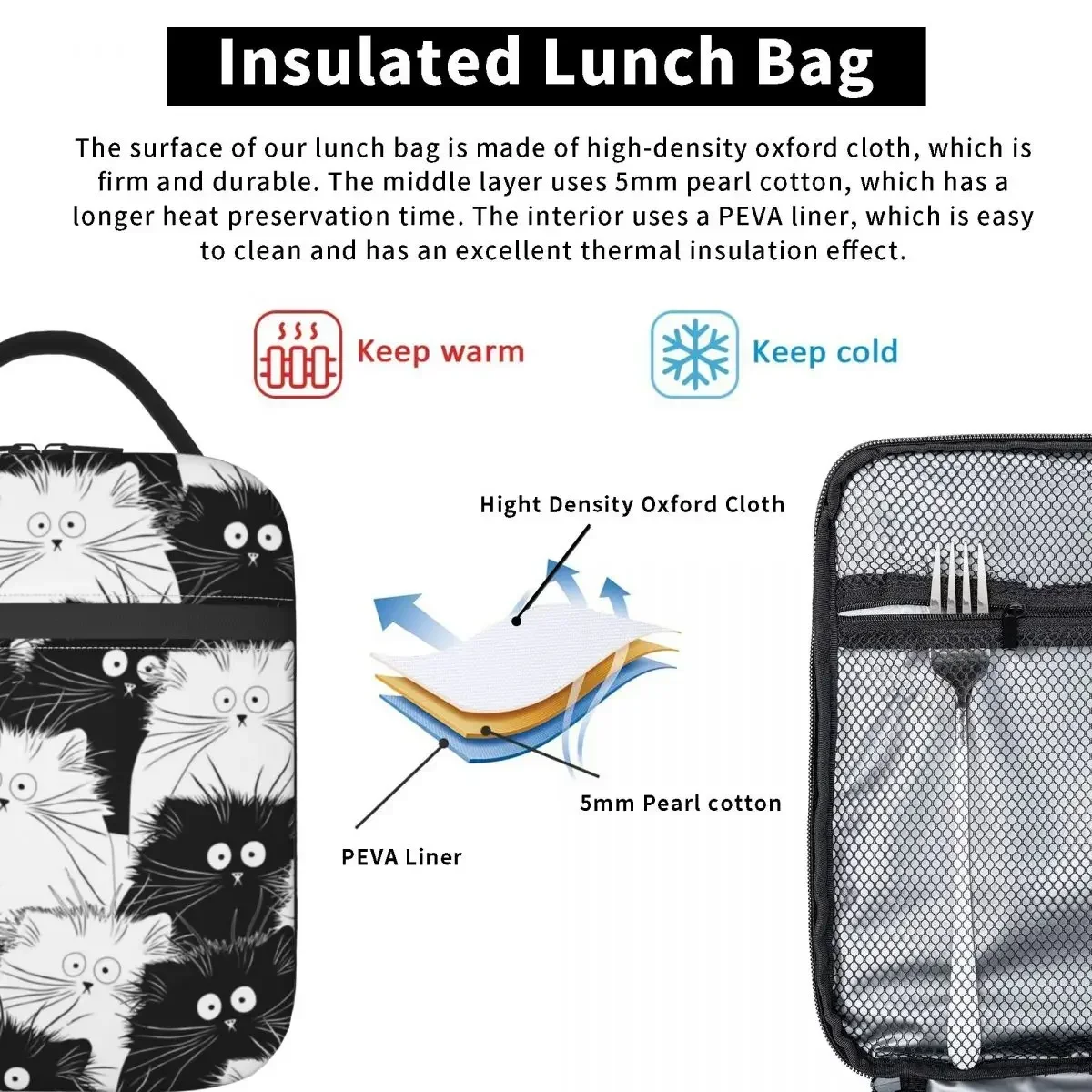 Simpatico gatto nero bianco modello isolato Lunch Bag Lunch Container riutilizzabile Thermal Cooler Lunch Box School