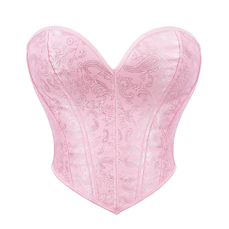 

Women's Pink Brocade Overbust Corsets and Bustiers Tops Lace Up Plastic Boned Slim Body Shaper Waist Trainer Sexy Lingerie Torso