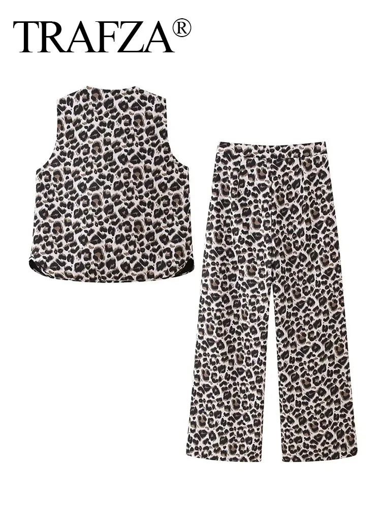 TRAFZA 2024 Trendy Leopard Print Suit For Women Wide Leg Straight Trousers+Sleeveless V Neck Bow Tie Vest Street Retro Sets