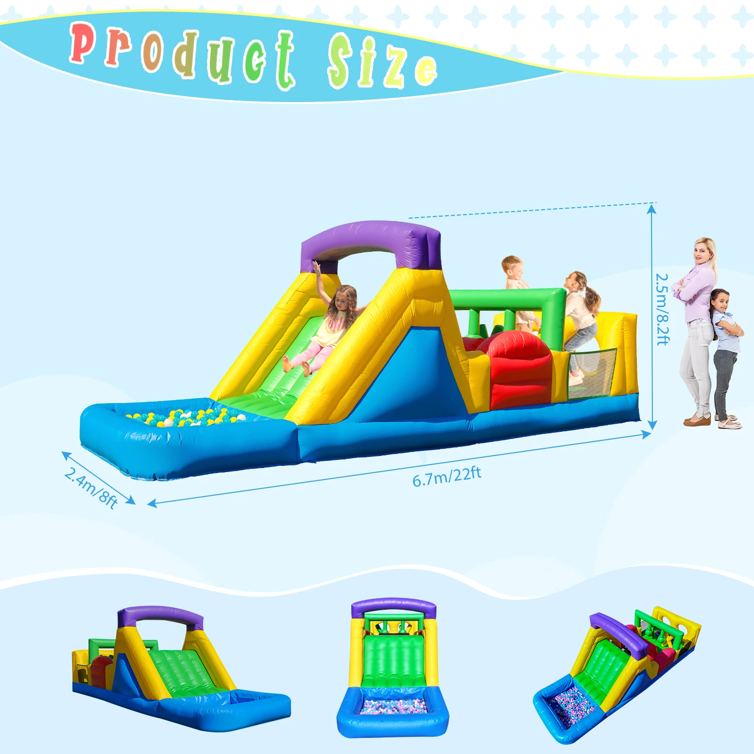 Inflatable Bounce House with 1100W Blower – Colorful Outdoor Play Castle Featuring Dual Crawl Tunnels, Large Slide, Climbing Obs
