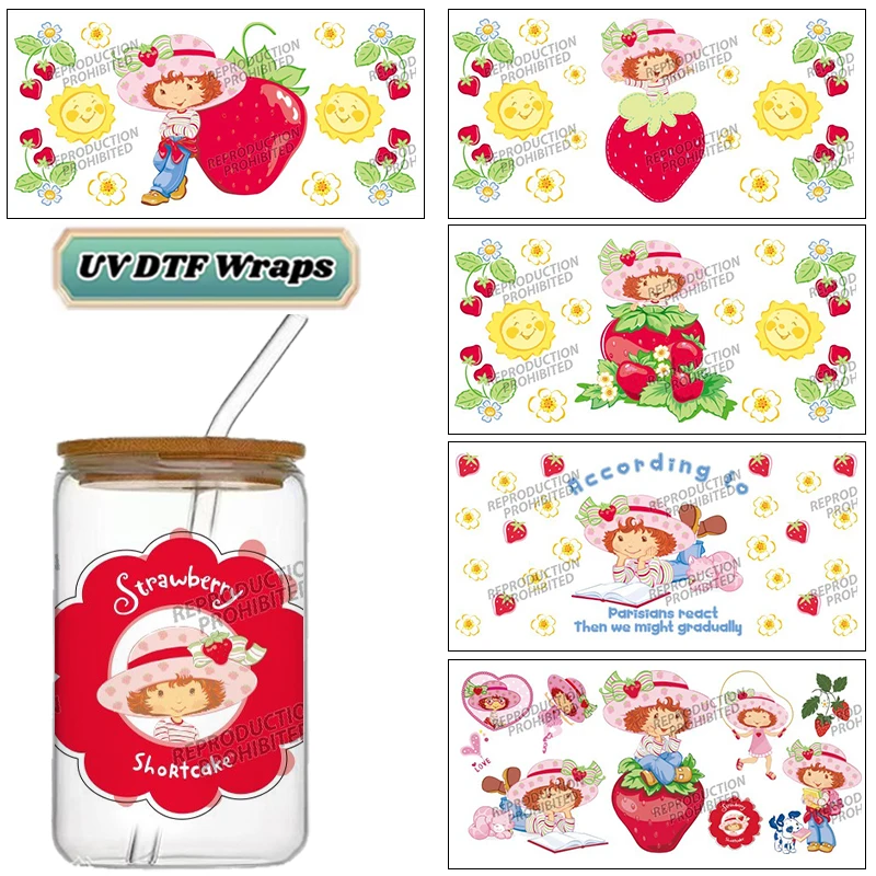 Vintage Strawberry Character UV DTF Transfer Wraps for 16oz Glass Cup No Heat Press Required Waterproof Decal