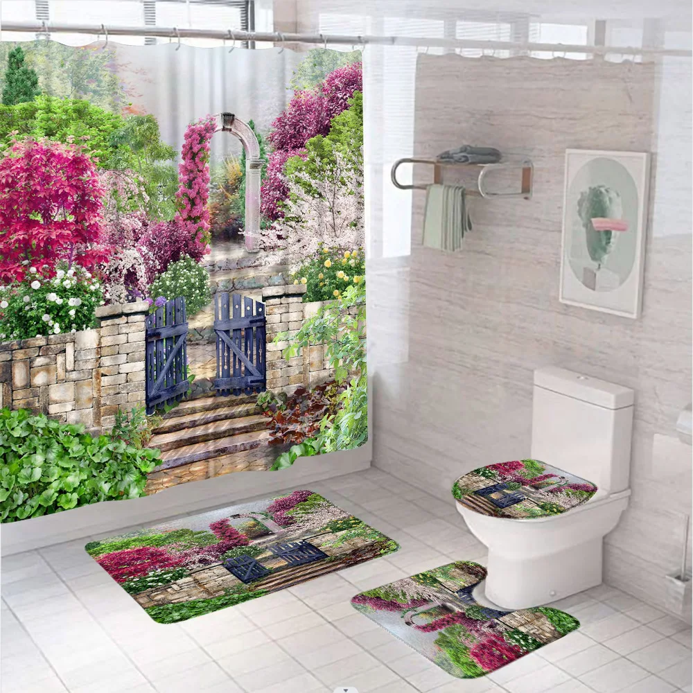 Fantasy Rural Garden Scenery Shower Curtain Set Courtyard Flower Plant Leaves Bathroom Screen With Bath Mat Rug Lid Toilet Cover