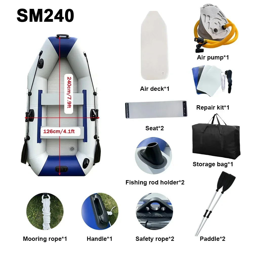 Inflatable PVC Fishing Boat, 3 Person 240cm Rowing Kayak, Canoe Raft, Dinghy Hovercraft with Air Deck Bottom