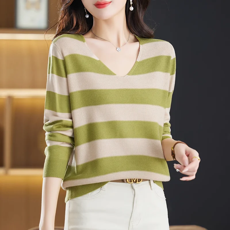 Spring and Autumn Women\'s Stripes Contrast Color V-Neck Long Sleeve Thin Loose Knitted Pullovers Fashion Casual Office Lady Tops