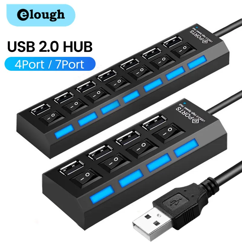 Elough USB-Hub, USB-Adapter mit mehreren Anschlüssen, Netzteil, USB 2.0-Verlängerung, PC-Computerzubehör mit Schalter, USB für Laptop
