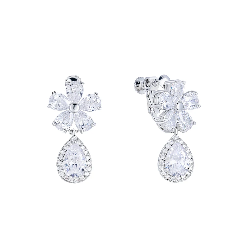 WEIMANJINGDIAN Brand New Arrival Flower and Teardrop Cubic Zirconia CZ Clip Earrings