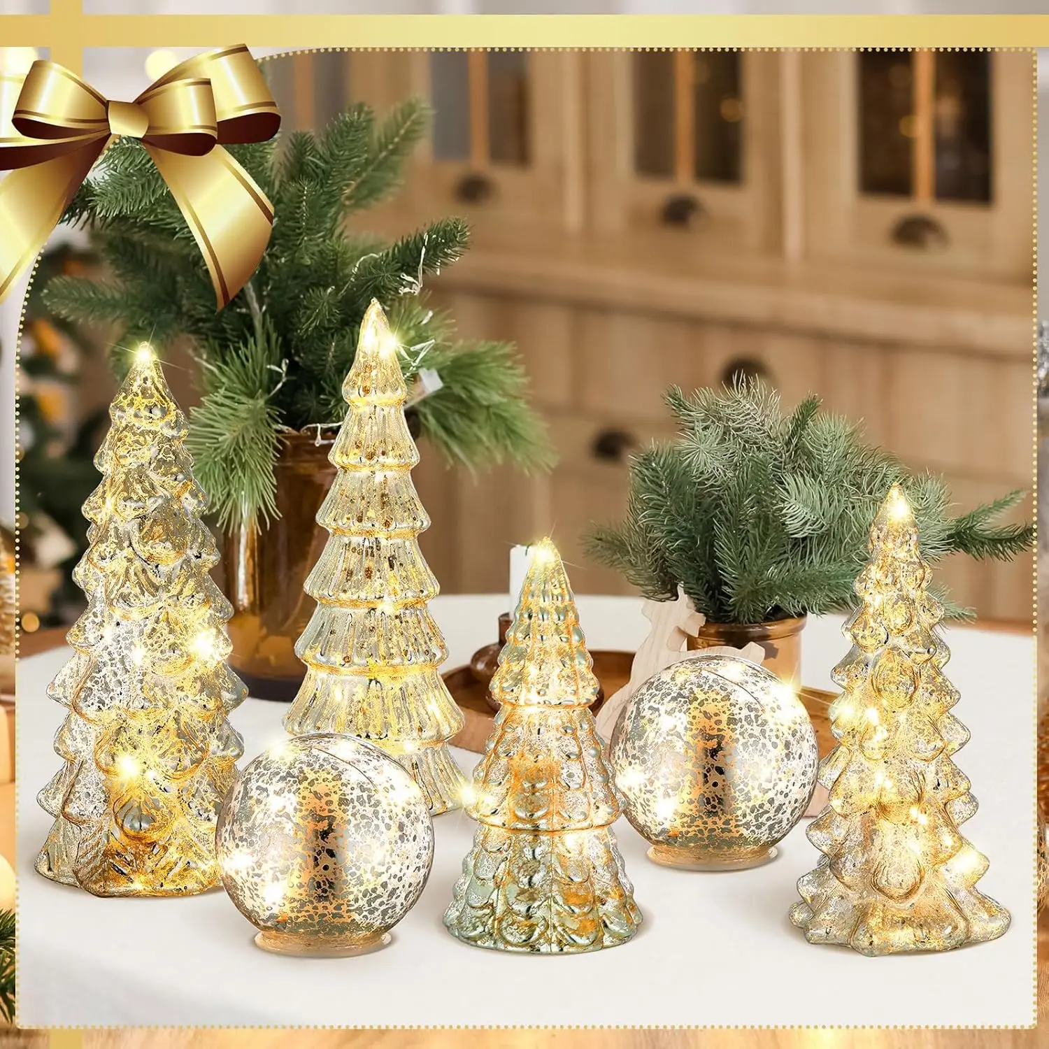 Árbol de Navidad de cristal de mercurio plateado con luz para decoración de mesa, centro de mesa para fiesta en casa, regalo de repisa, 6 uds.