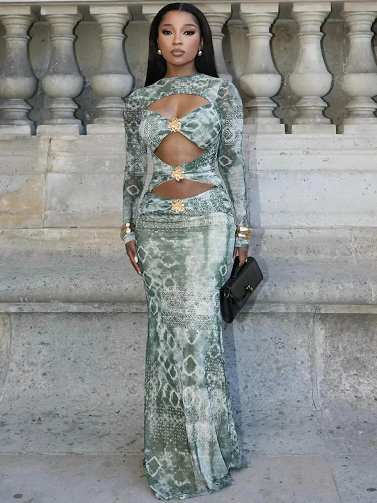 Xiaotang oco para fora manga longa impressão sexy maxi vestido feminino elegante malha o pescoço cintura alta bodycon clube festa vestido impresso