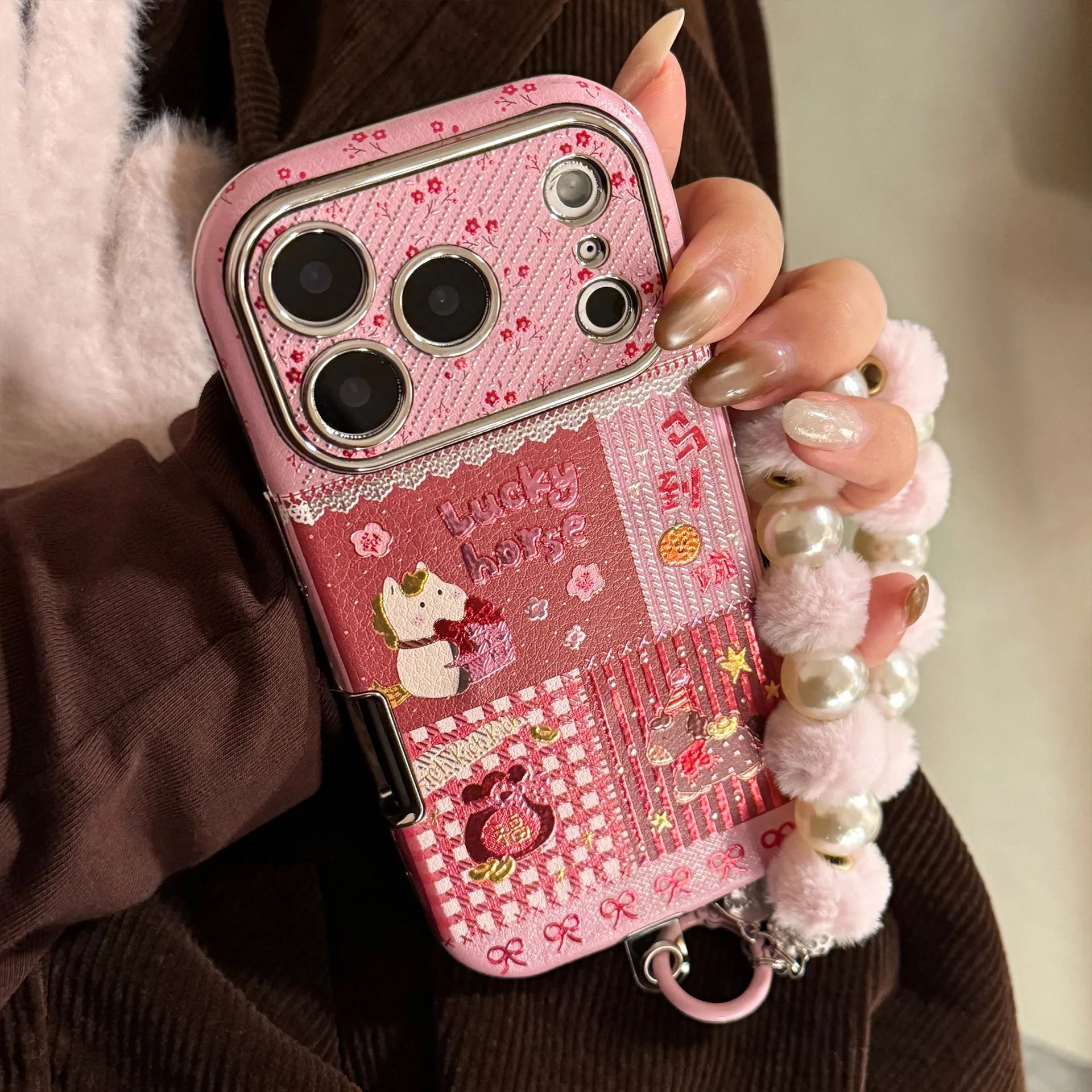 Korean Cartoon Horse Splicing Leather Texture Phone Case For iPhone 17 16 15 14 13 12 11 Pro Max With Bracelet Shockproof Cover