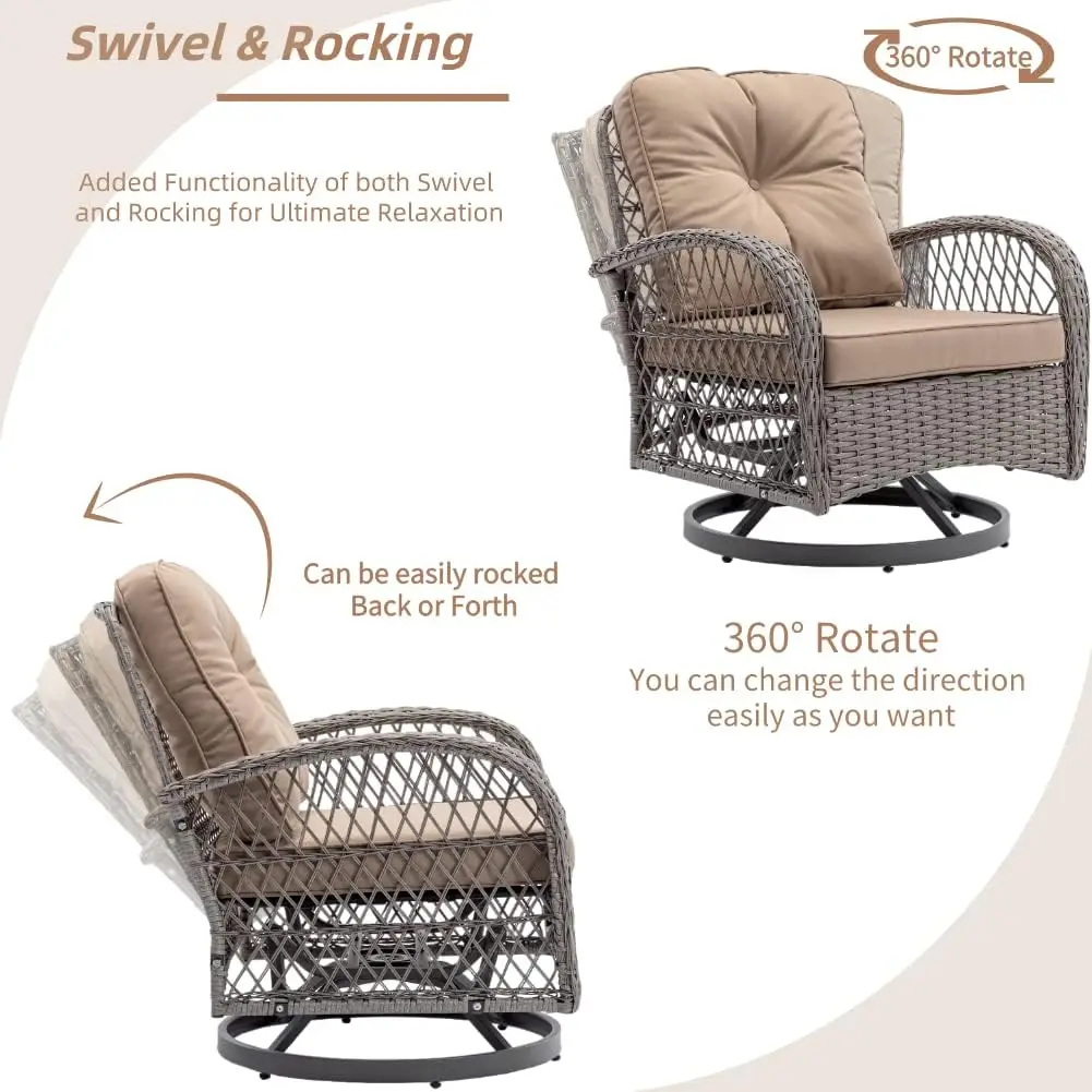 Wicker Swivel Rocker Chairs Set,Swivel Chairs with Thick Cushion,  Tempered Glass Side Table for Outdoor