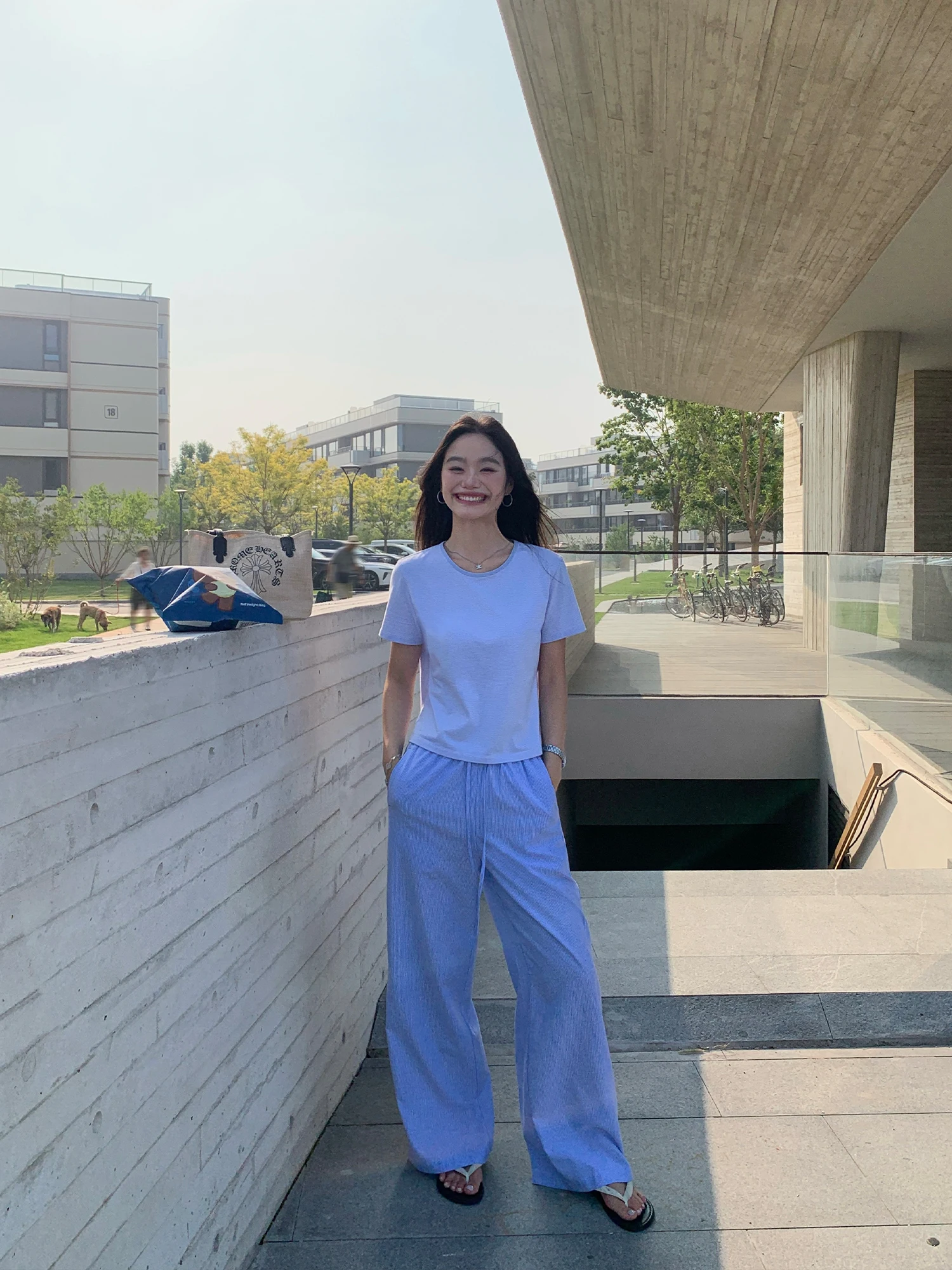 Pusumede Women's Stripe Short Sleeve T-Shirt Casual Shoulder Width Drawing Cord Wide Leg Pants Set Comfortable Cotton Blend