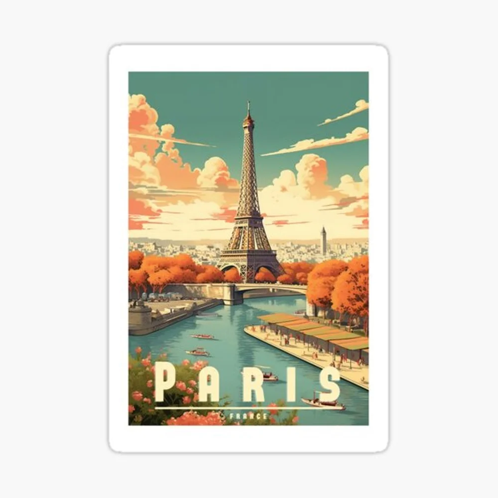 Vintage travel poster Paris - Romantic design of the city of love Sticker for Laptop Decor Bedroom Car Cute Cartoon Art Fashiona