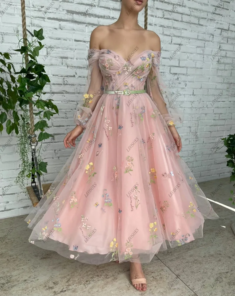 

Pink Prom Dresses Fairy Flower Print A-line Pageant Sweetheart Illusion Long Sleeve Off Shoulder Formal Evening Gowns Women Wear