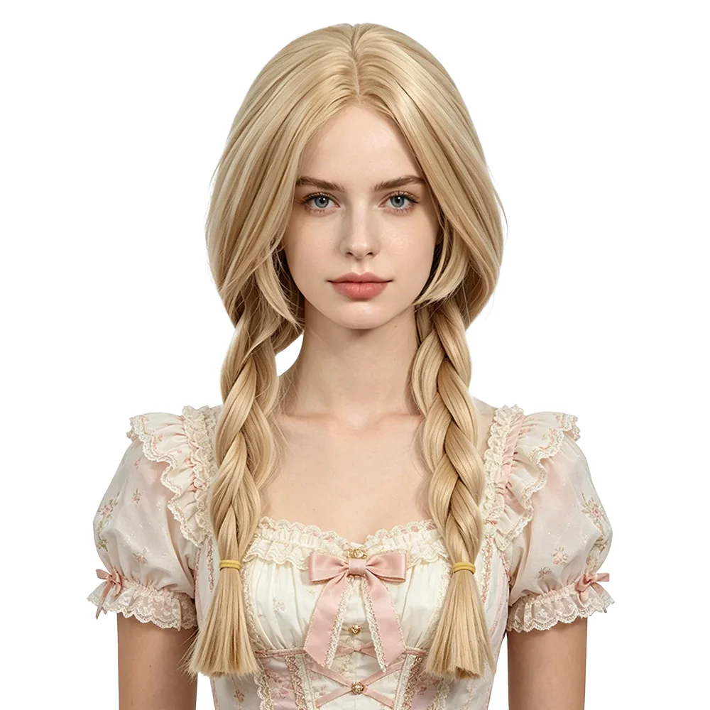 Light Blonde Cosplay Wig Middle Part Double Braids Lace Cap Wig Heat Resistant Synthetic Hair for Women Halloween Daily Party