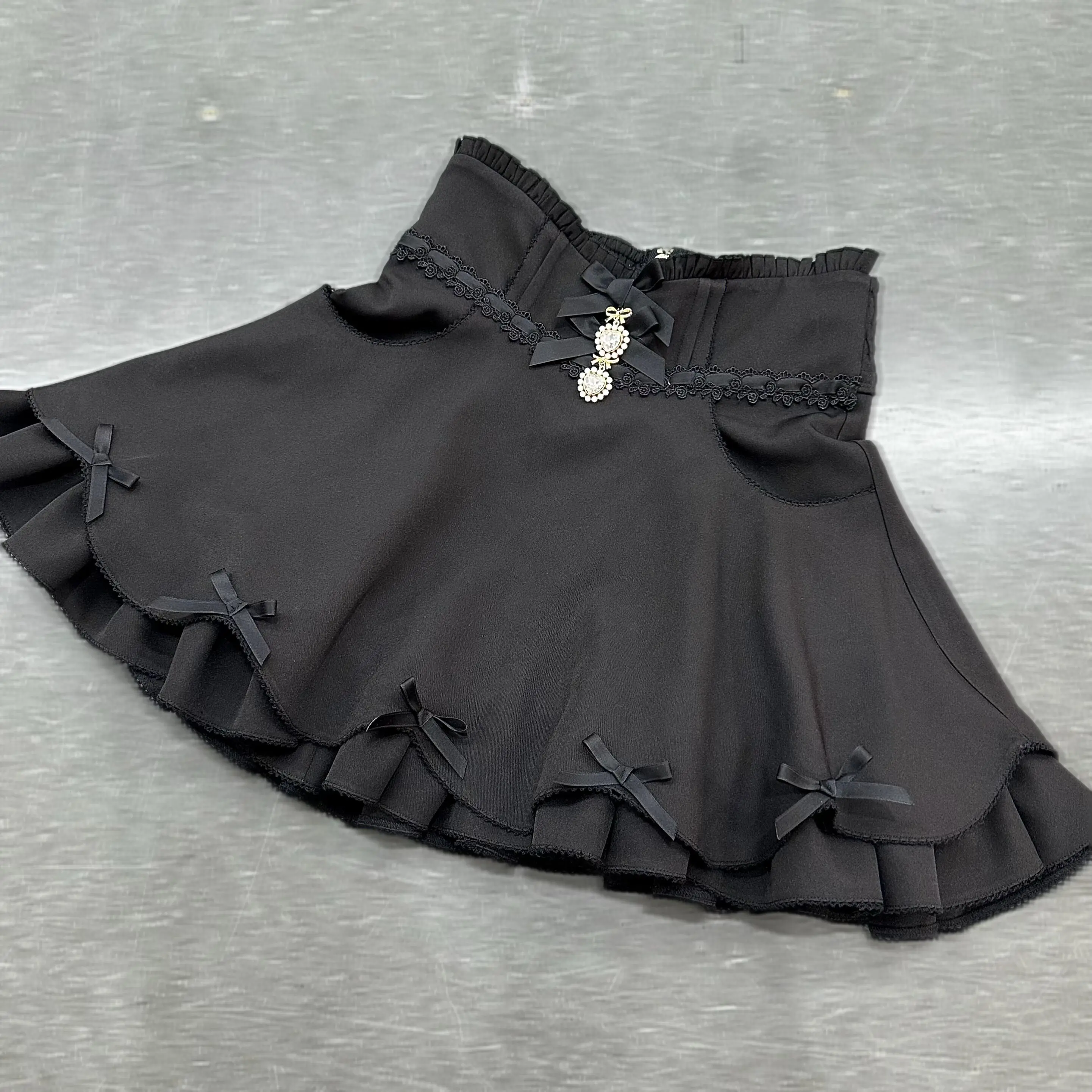 Mass-produced Original Japanese-style Lace Skirt 2026 Spring Summer High-waisted Sweet Rhinestone Bow Pocket Petal Skirt