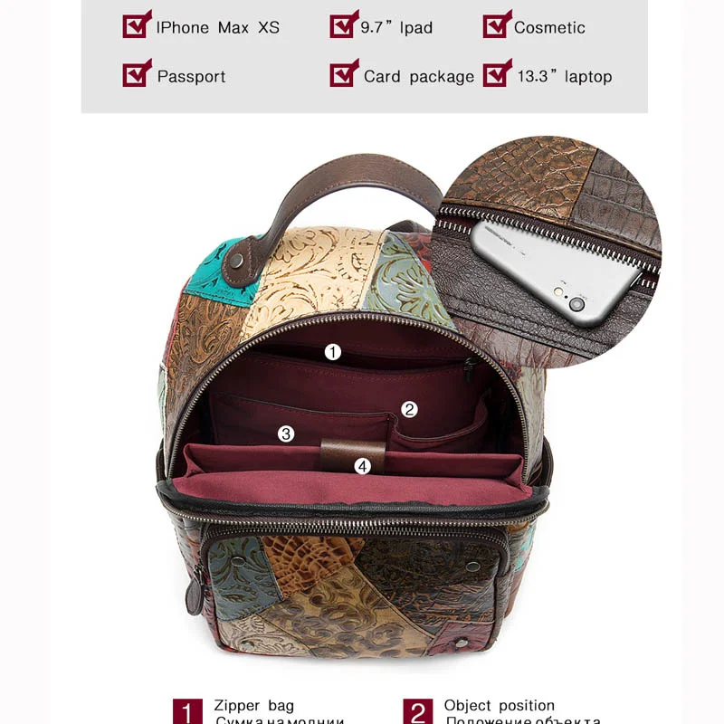 Imagem -03 - Mochila Patchwork de Couro Genuíno para Mulheres Bolsa de Viagem Colorida para Meninas Mochila Estilo Nacional para Senhoras