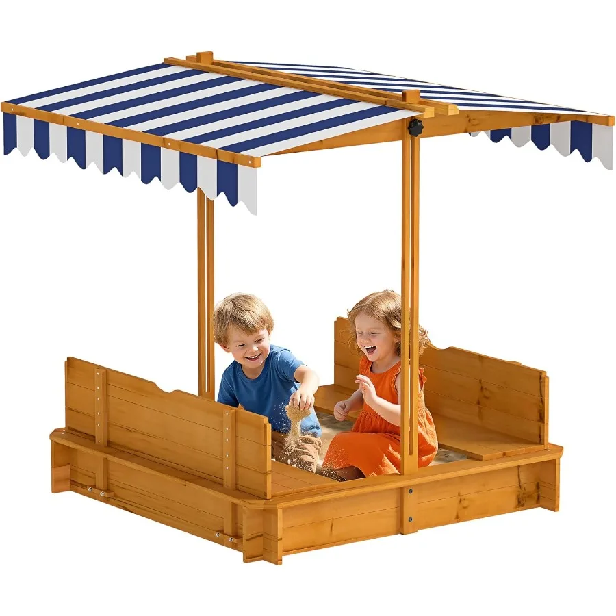 صندوق رمل خشبي مع غطاء، صندوق رمل للأطفال مع مظلة خارجية، صندوق رمل مع مقاعد قابلة للطي وحماية من الرمل، بطانة سفلية