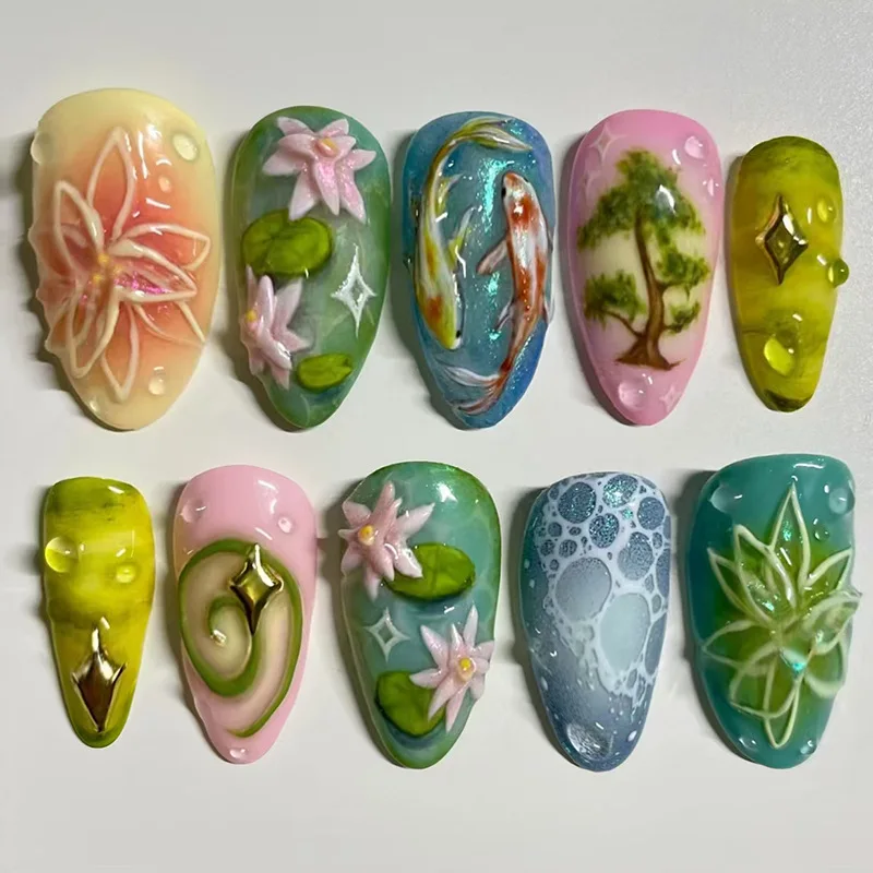 

24Pcs Mid-length Almond Press on Fake Nails with 3D Lotus Carp Tree Design False Nails Wearable Artificial Full Cover Nails Tips