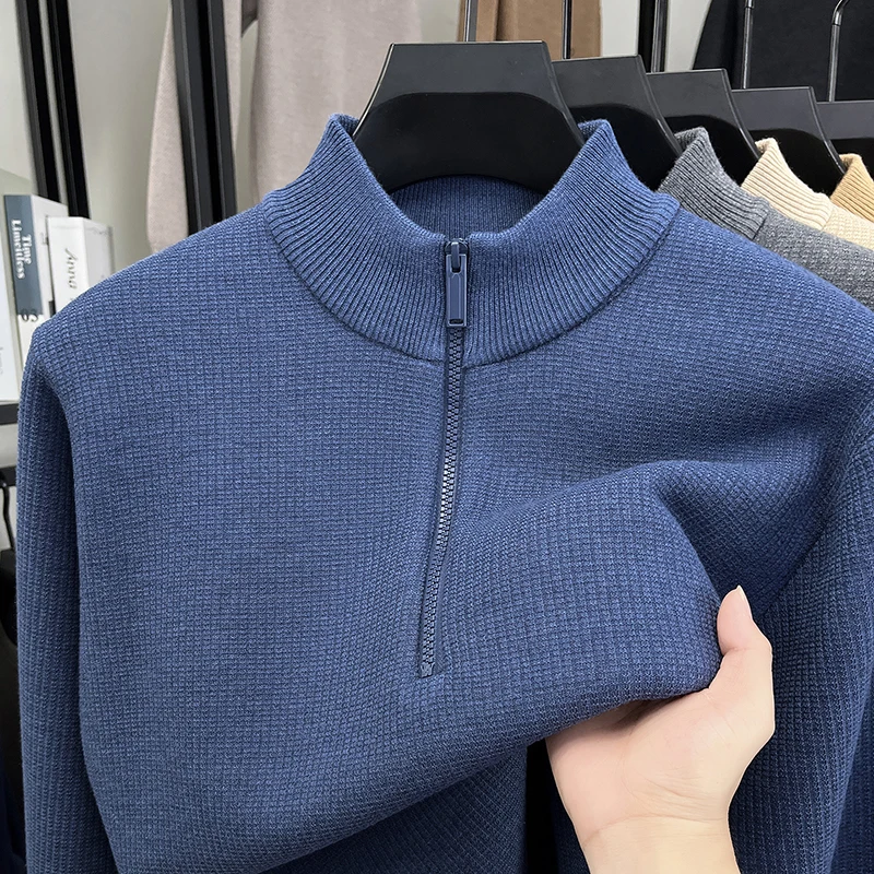 

Luxury wool men's knitted sweater high-quality zipper classic solid color casual versatile comfort new semi high neck pullover