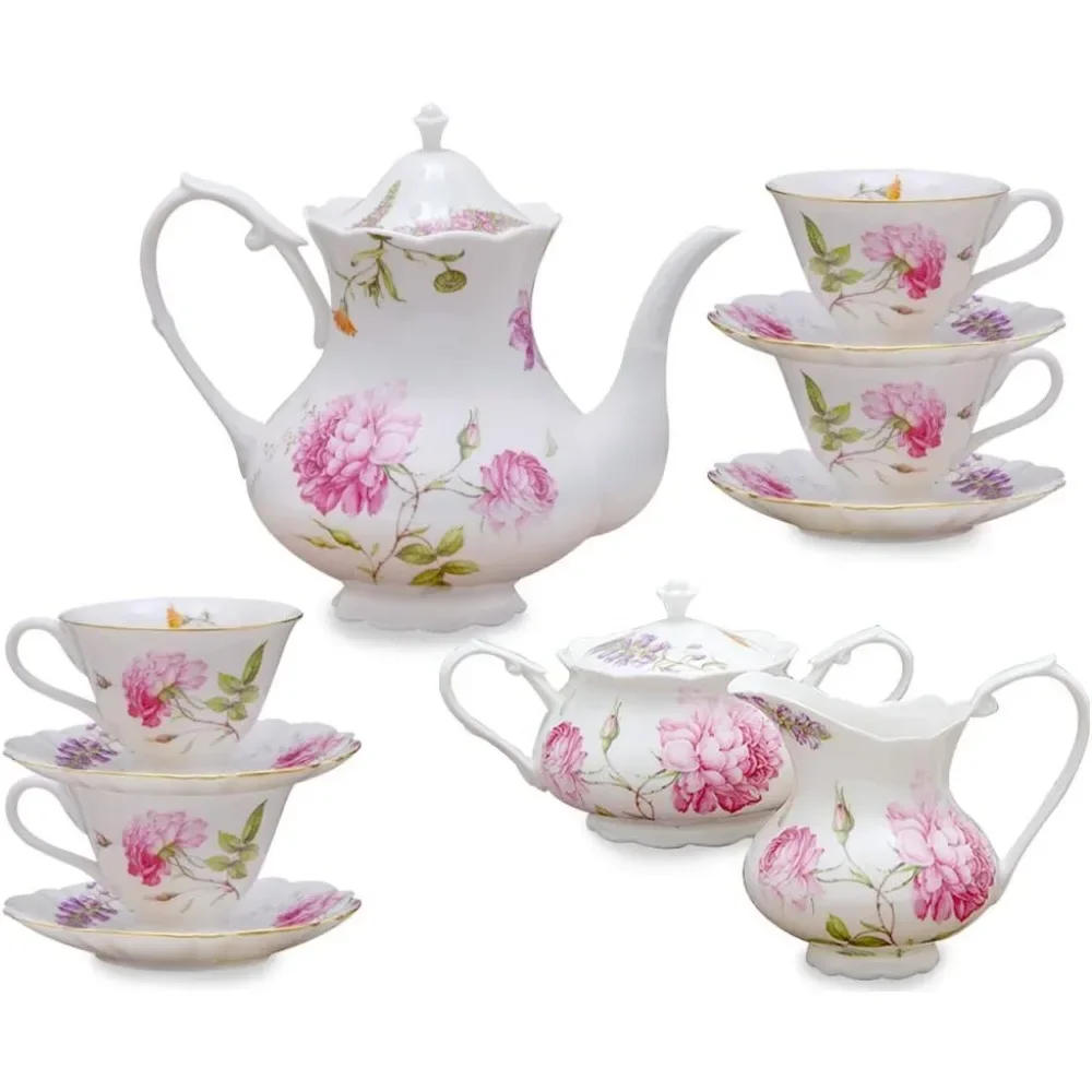 Tea Cup Set 11-piece Porcelain Tea Set Dahlia Ceremony Teaware Kitchen Dining Bar Home Garden