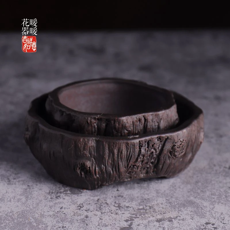 

Ceramic Table Plant Hand Carved Bonsai Pot Cylinder Shape With Base Tradition China Garden Decoration