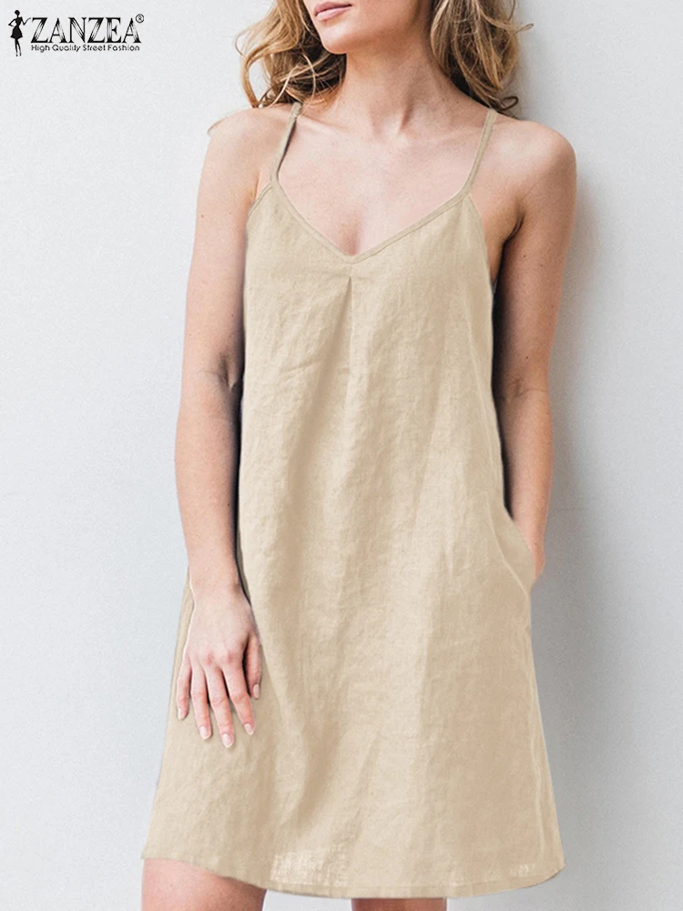 ZANZEA-Robe de plage à bretelles spaghetti pour femmes, décontractée, col en V, été, 2025