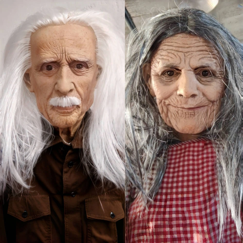 Realistic Old Woman Latex Mask with Moving Mouth Soft Rubber Grandpa Masque Featuring White Hair for Halloween Costume Accessory