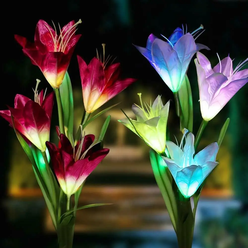 กลางแจ้งไฟ LED พลังงานแสงอาทิตย์ RGB สี Lily สวนดอกไม้โคมไฟตกแต่งกันน้ํา 600AMH พลังงานแสงอาทิตย์ลานสนามหญ้าเส้นทางงานแต่งงาน