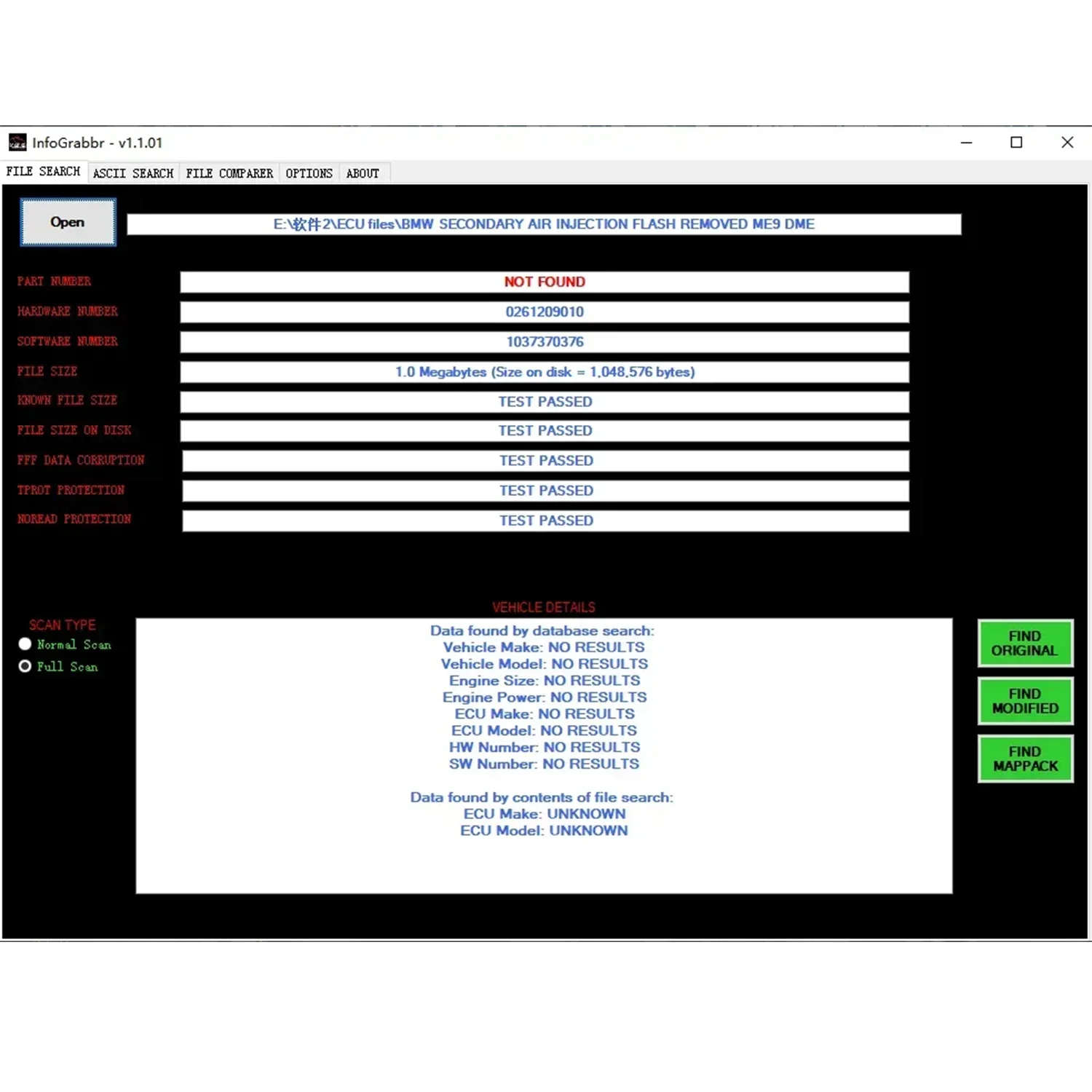 Picture 3: InfoGrabbr Information And File Testing Software For Remap Files Original/Modified File Searcher Corrupt File (Zero data) Test