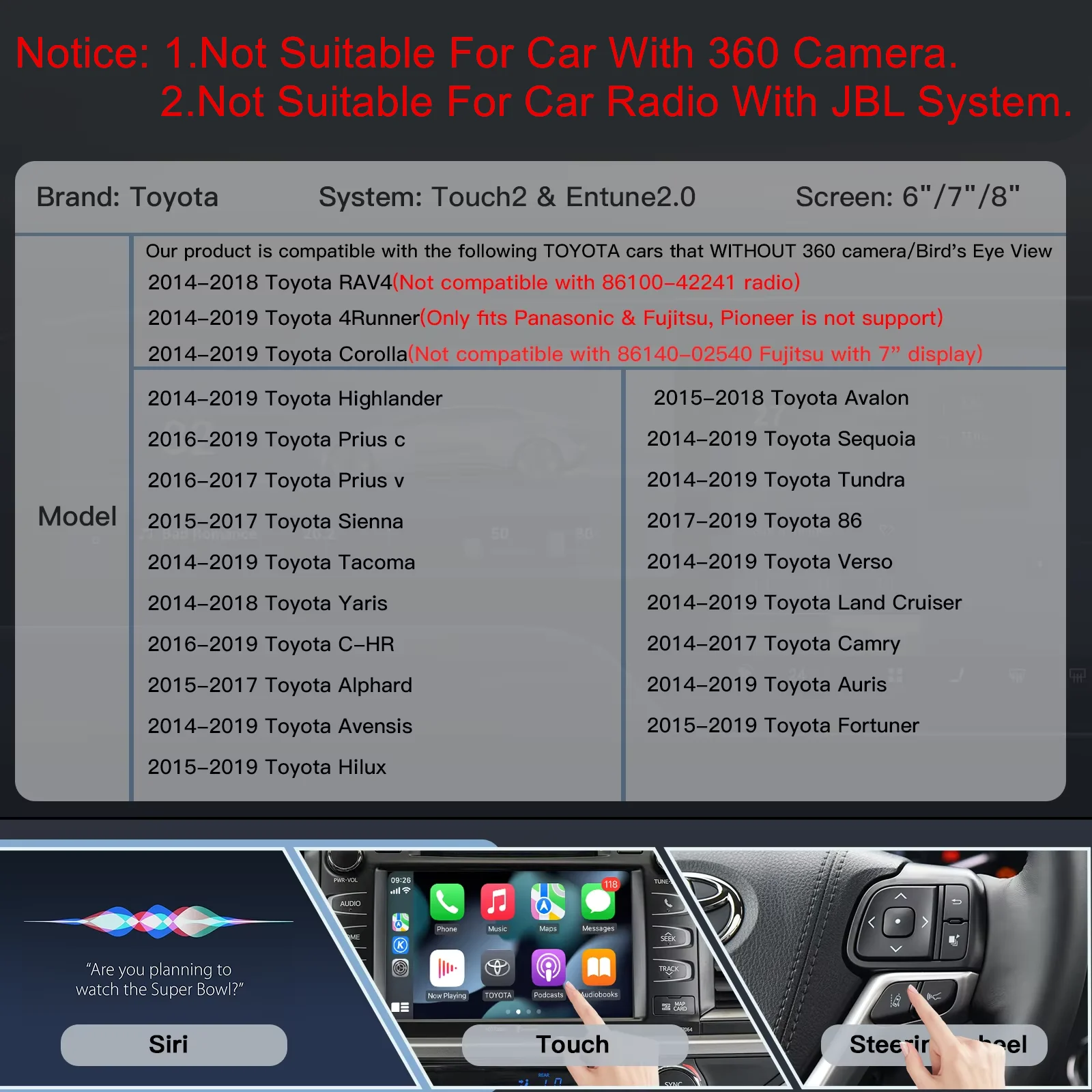 ไร้สาย CarPlay Android Auto สำหรับ Toyota CHR RAV4 Avalon Corolla Camry Yaris Aris RAV4 Highlander TOUCH 2 2014-2019