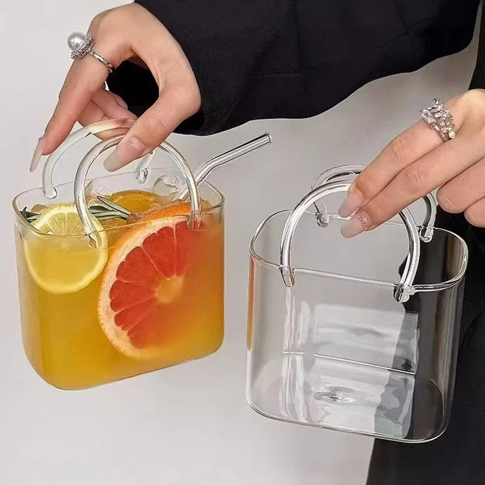 

Cute Transparent Handbag Shaped Drink Cup, Creative Bow Knot Straw Cocktail Glass for Juice Tea Party Decoration