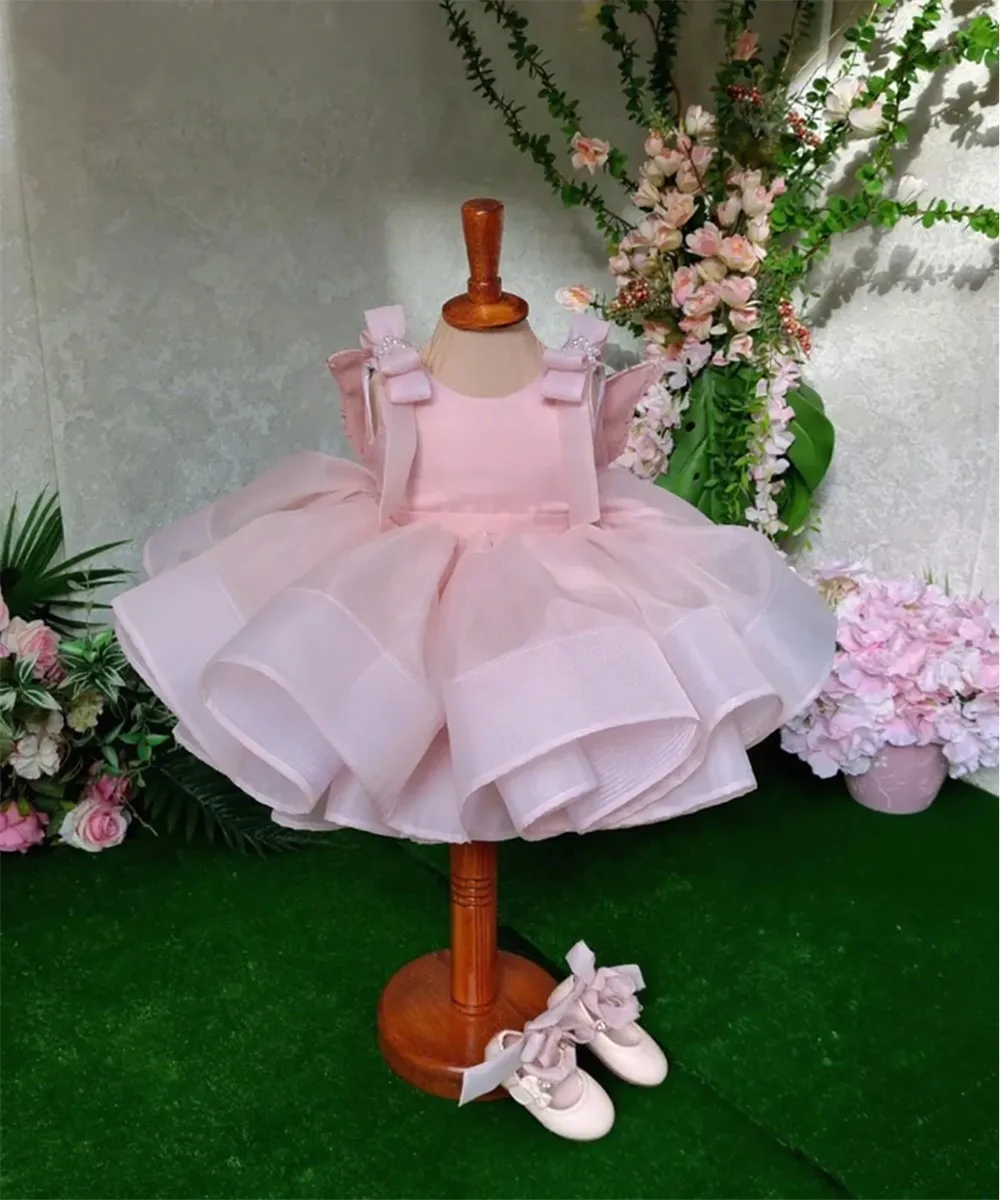 

Lovely Flower Girl Puffy Wedding Dress Butterfly Squins Pearls with Bow Kids Birthday Party Ceremony Important Occasion Outfits