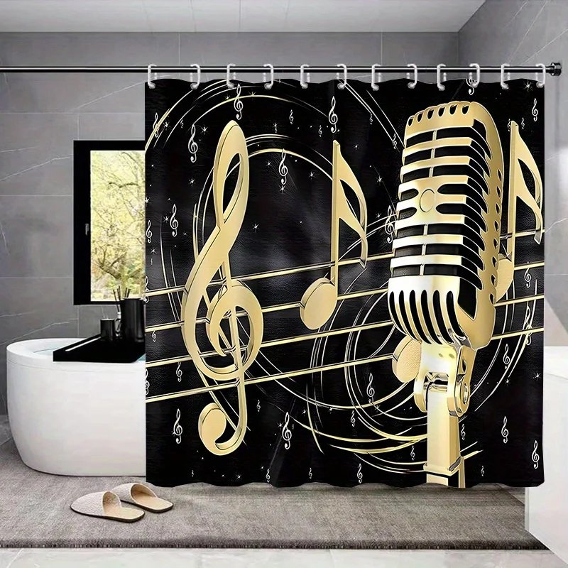 Golden Microphone and Music Notes Shower Curtain Machine Washable All Season Waterproof Privacy Protection  Musical Design