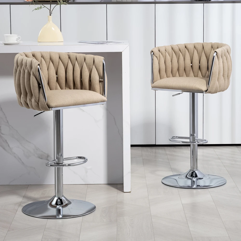 

Fabric Cover Swivel Bar Stools Set of 2, Adjustable Counter Height Bar Chairs with Woven Back & Footrest