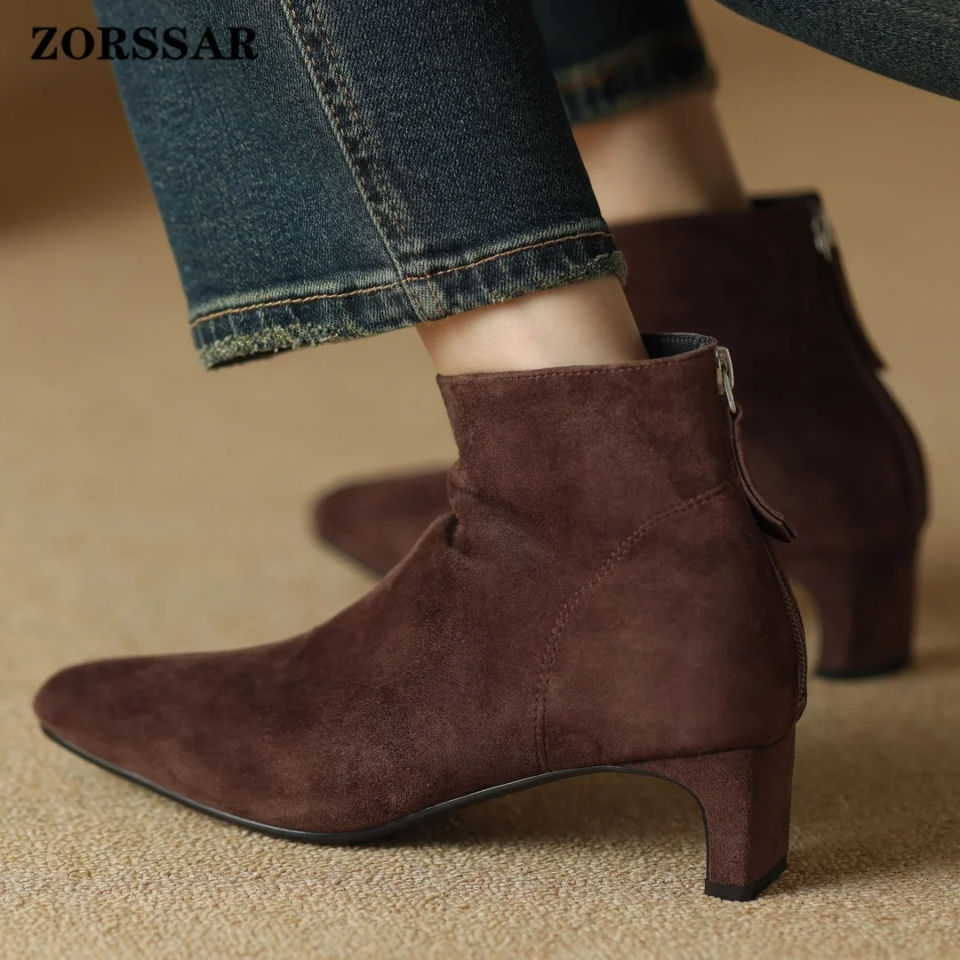 Women's Natural Suede Leather 4.5cm Kitten Heel Square Toe Back Zip Autumn Ankle Boots Elegant Ladies Slim Dress Short Booties