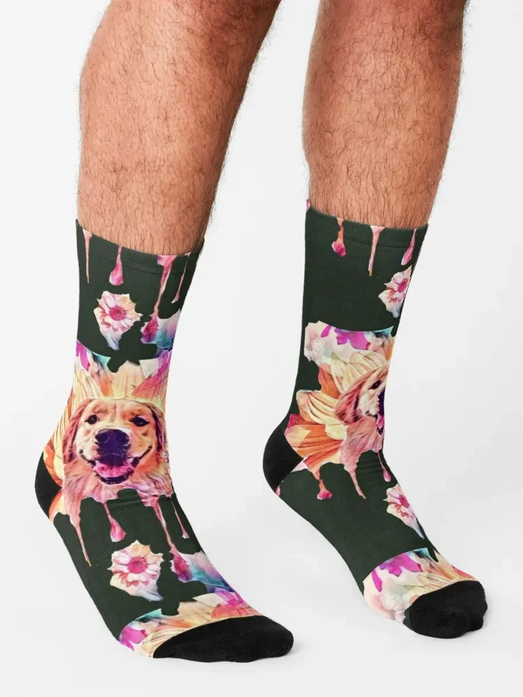 Melting Floral Molly Golden Retriever Dog Flowers Socks designer men cotton high quality snow Man Socks Women\'s