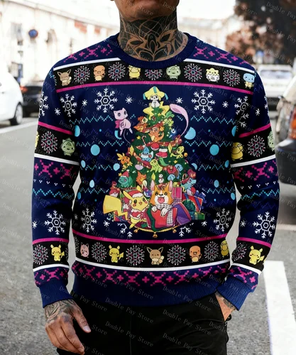 2026 Pokemon sudadera fea Pikachu moda navideña sudadera de cuello redondo sudadera de Navidad regalo de Navidad para hombres mujeres niños