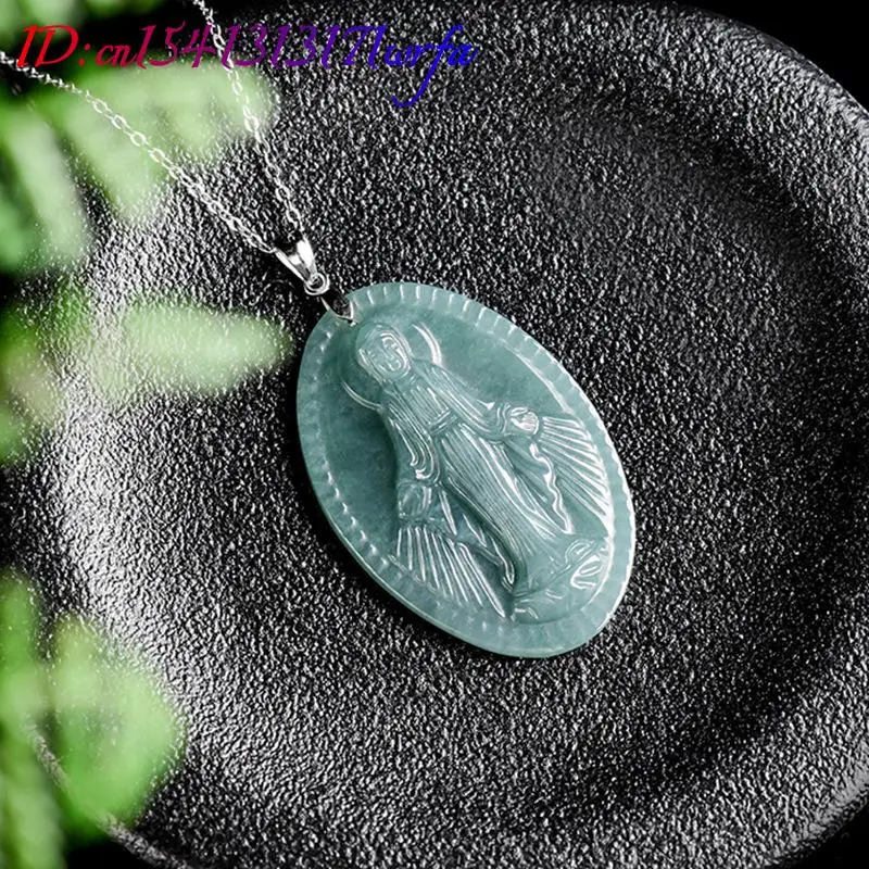 Myanmar Jadeite Virgin Mary Pendant Necklace Carved Amulet Burmese Jade Luxury Charm Fashion Accessories 925 Silver Vintage