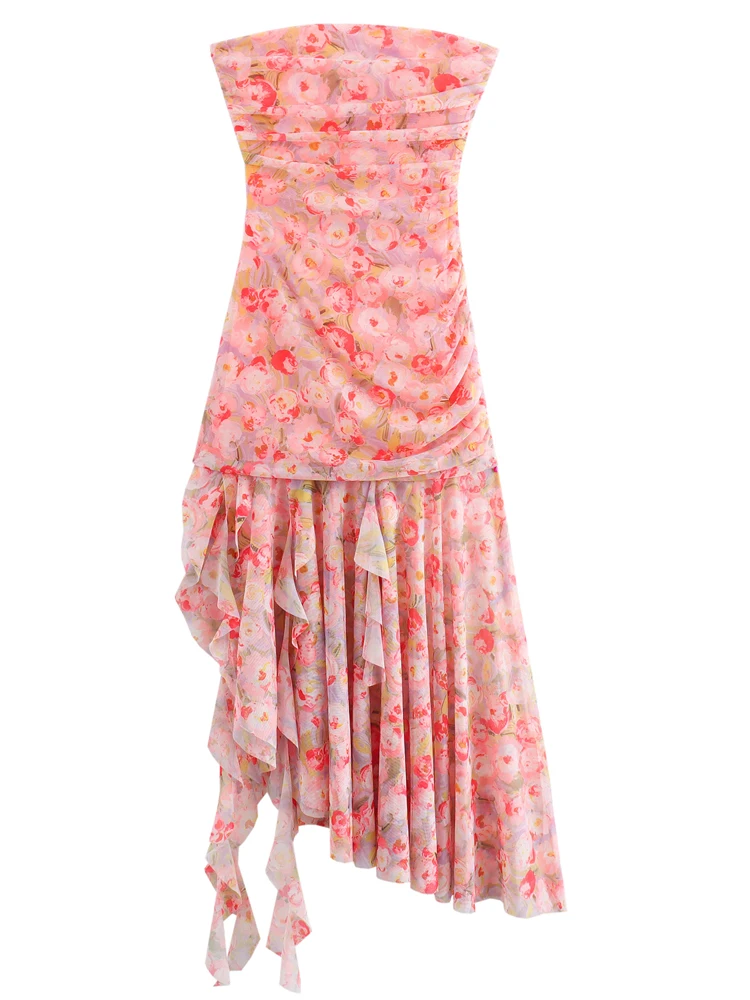 KAOPU ZA Women with ruffles draped printed tulle fitted midi dress vintage straight neck off-the-shoulder female dresses mujer